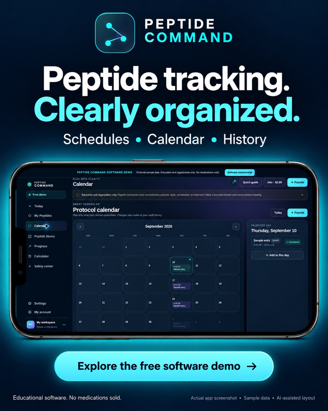 Peptide Command calendar shown inside an iPhone frame, with fictional sample data and an AI-assisted layout.